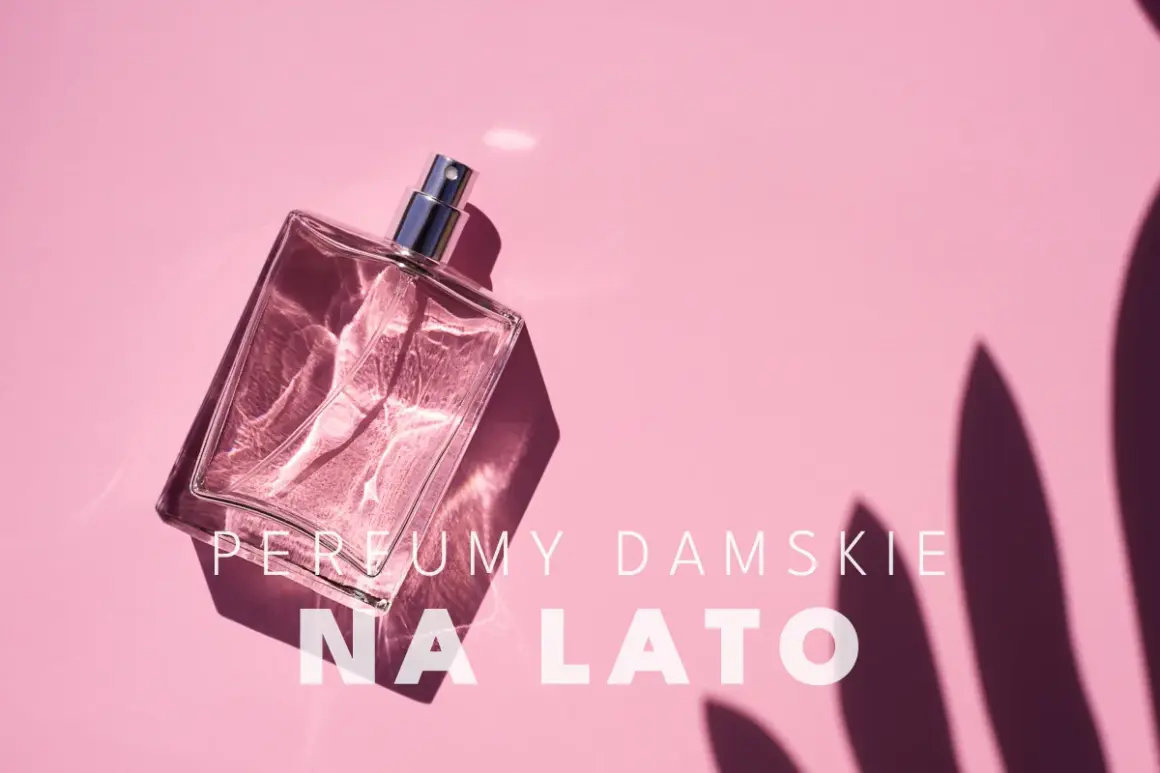 Szklana butelka perfum na różowym tle z cieniami liści.