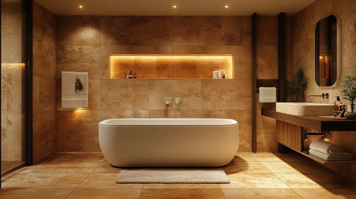 Salle de bain luxueuse avec **pose travertin mural**. Baignoire îlot, vasque en pierre, miroir ovale et éclairage d'ambiance.