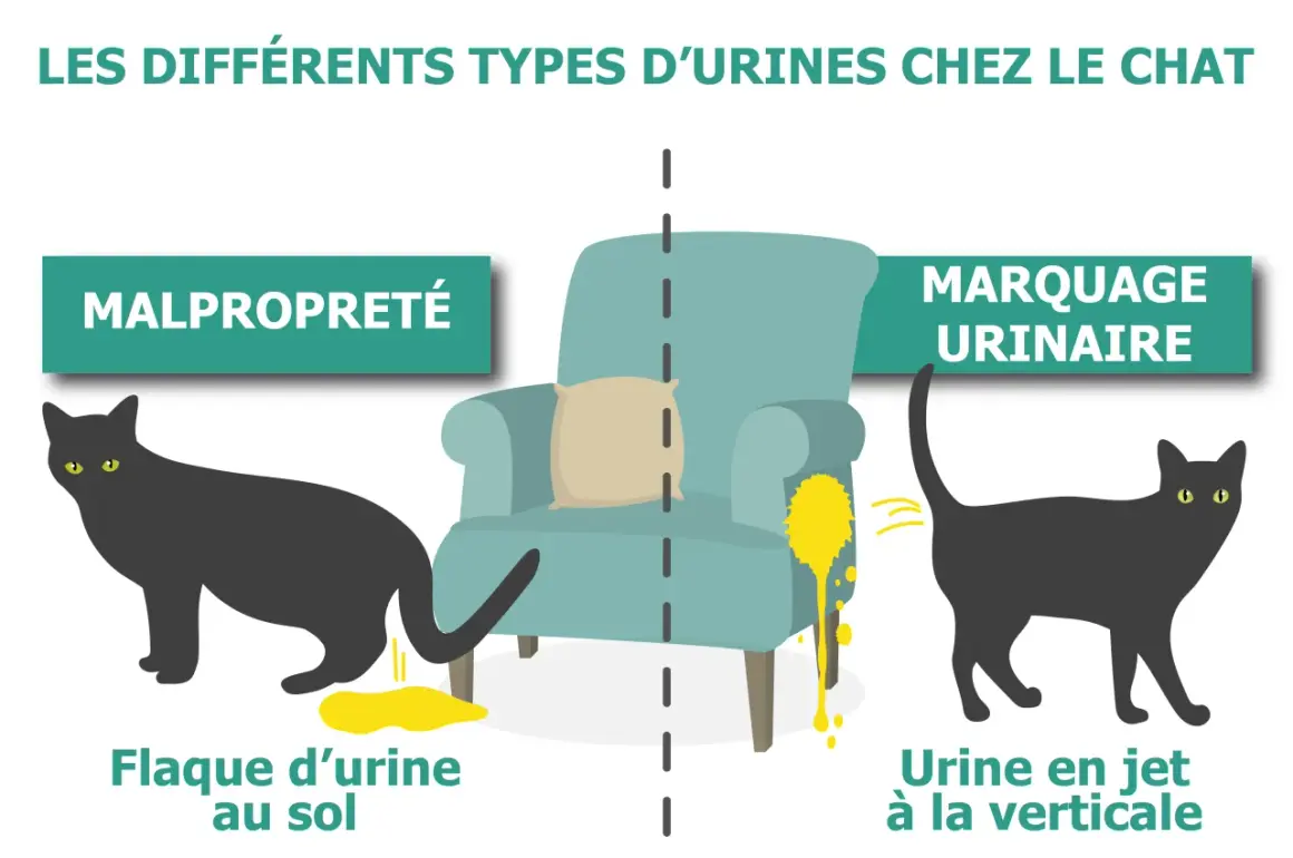 Un chat noir fait une flaque d'urine au sol, à côté de lui une goutte de sang par terre. L'image illustre les différents types d'urine chez le chat.