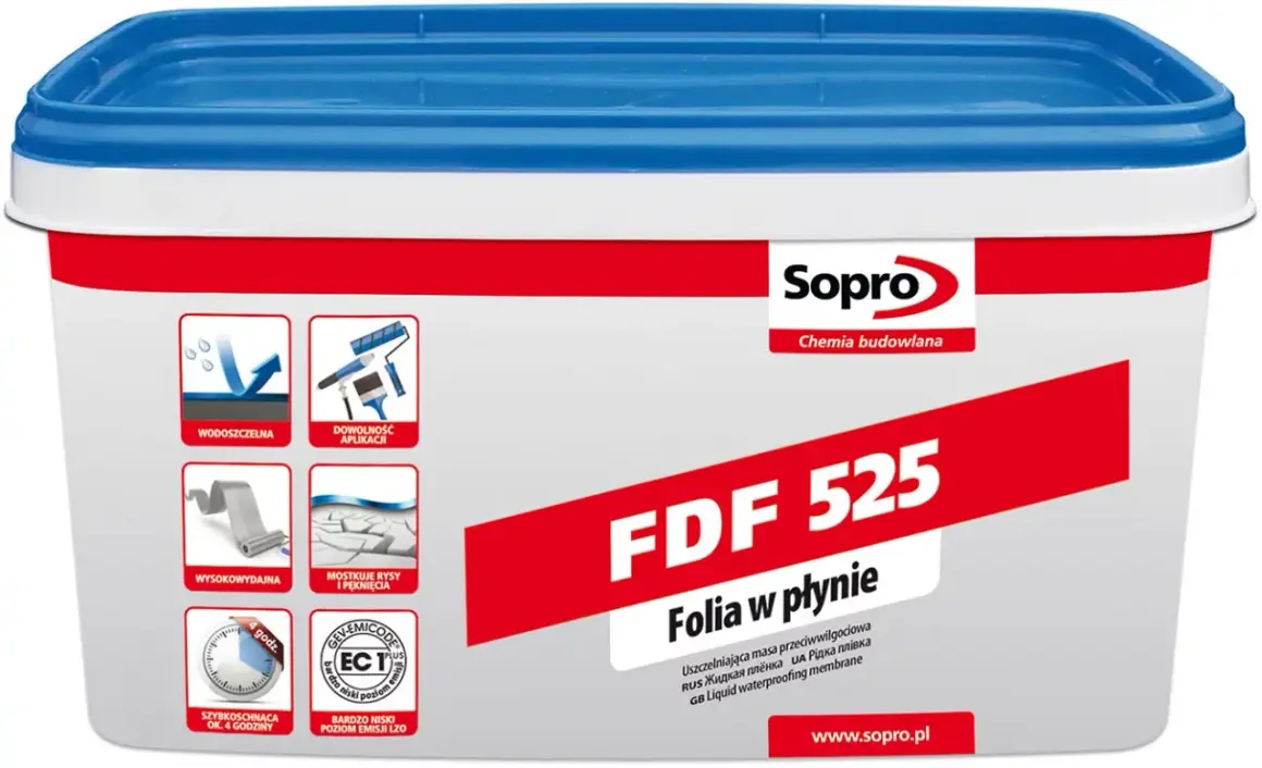 Sopro FDF 525 - folia w płynie, uszczelniająca masa przeciwwilgociowa. Wodoodporna, łatwa w aplikacji, szybkoschnąca izolacja w płynie.