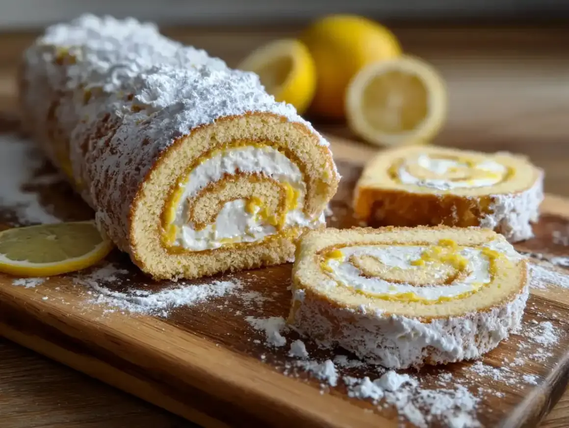 A lemon swiss roll cake dusted with powdered sugar, sliced, with lemons in the background.