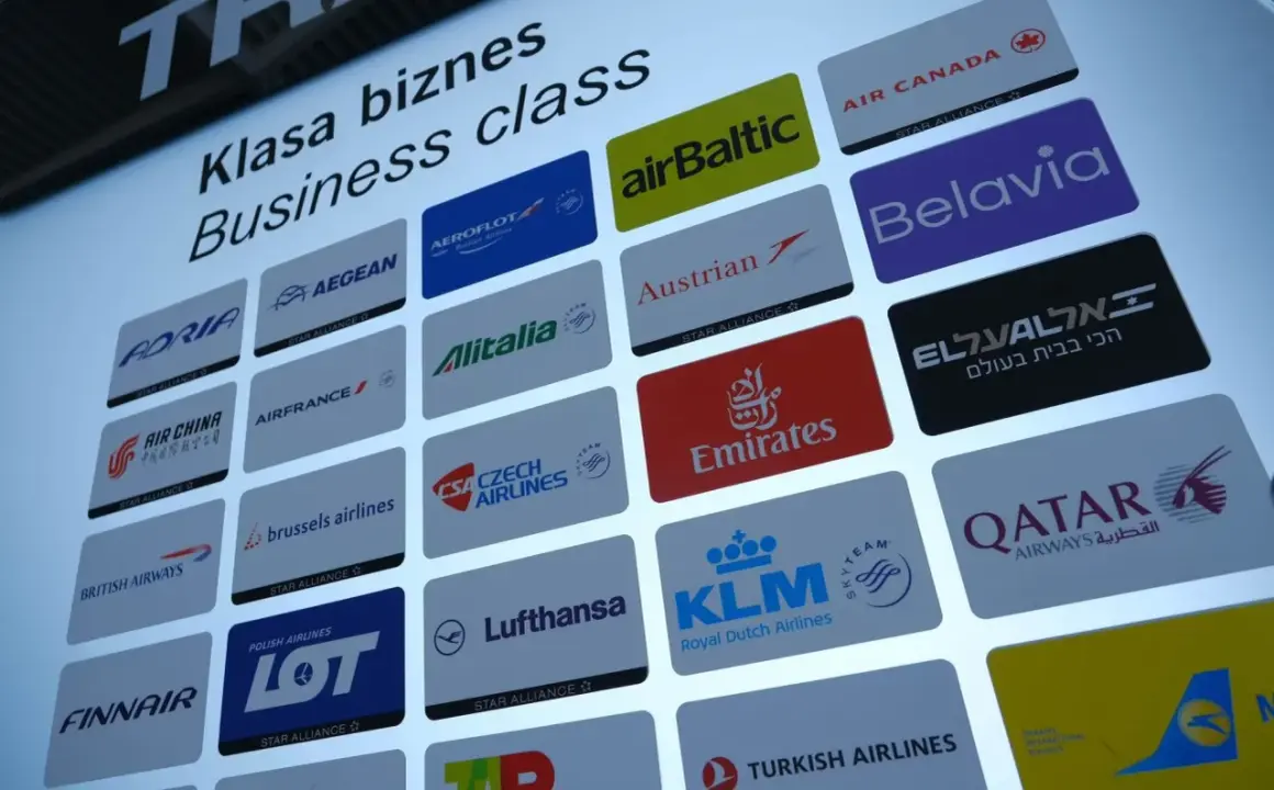 Ranking linii lotniczych w klasie biznes. Widoczne loga przewoźników: LOT, Emirates, KLM, Lufthansa, Qatar Airways i inne.