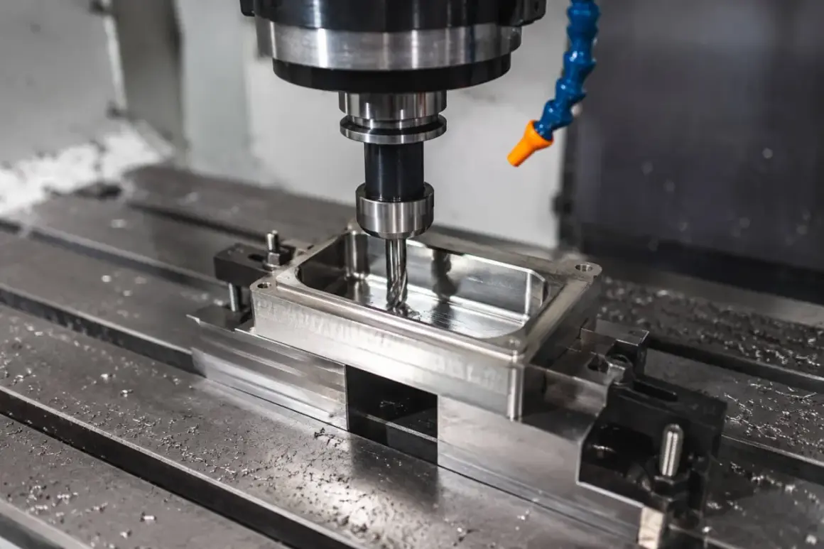 Precyzyjna obróbka stali na frezarce CNC. Wiertło precyzyjnie kształtuje metalowy element, tworząc idealne wgłębienie.