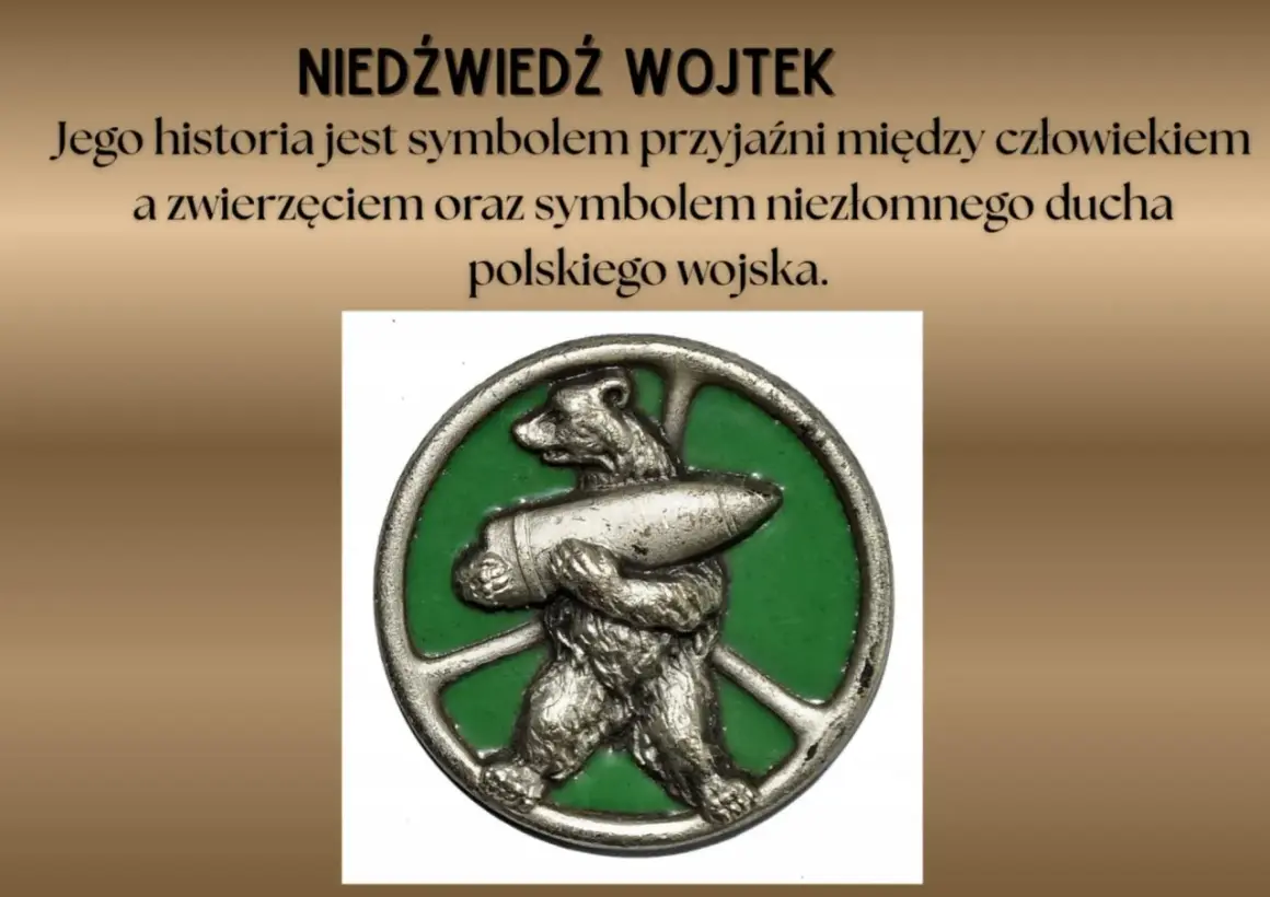 Symboliczny medalion z niedźwiedziem Wojtkiem, który niesie pocisk. Dziadek i niedźwiadek - historia przyjaźni i niezłomnego ducha.