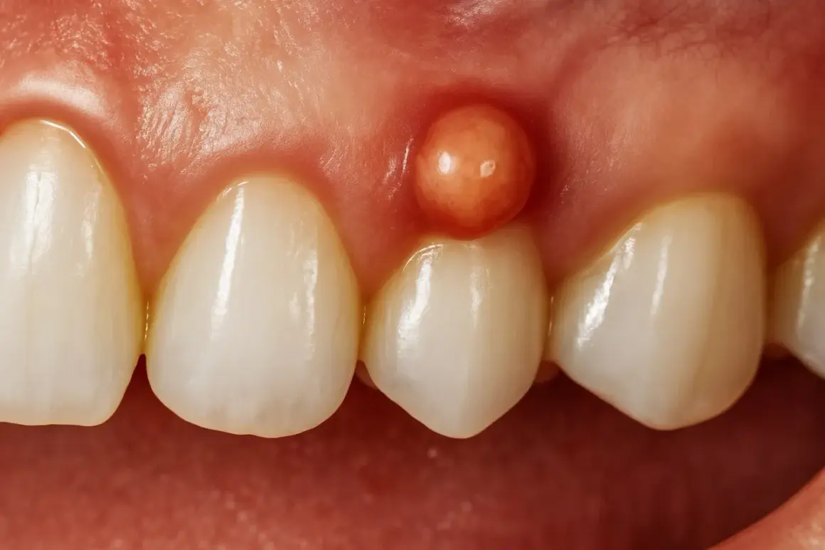 Bolsa periodontal con pus, una protuberancia rojiza en la encía cerca de los dientes.