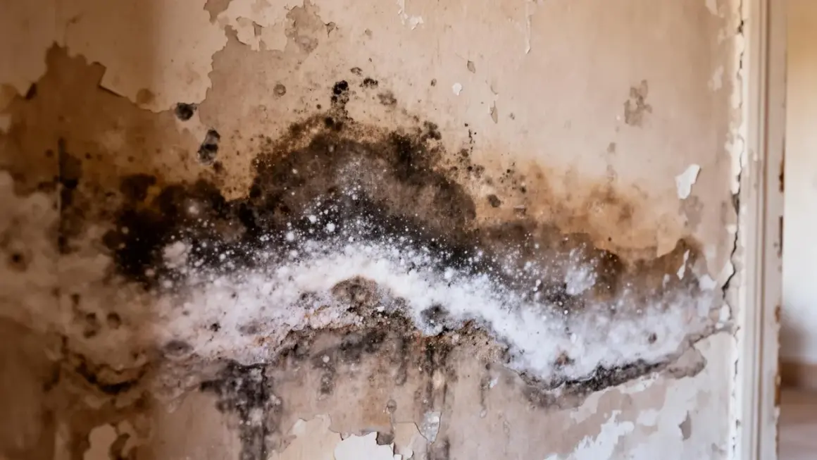 Gros plan sur un mur décrépit, révélant des taches sombres et une efflorescence blanche, signes évidents d'une humidité sur mur persistante.