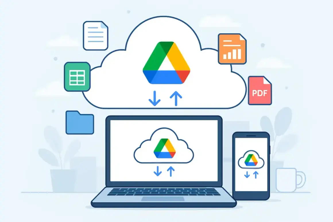 Chmura Google synchronizuje pliki między laptopem a telefonem. Ikony dokumentów, arkuszy i PDF unoszą się wokół.