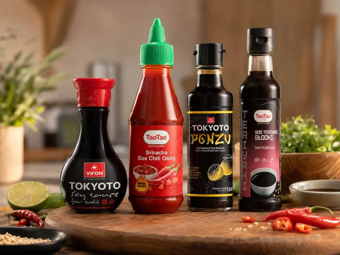 Cztery butelki sosów: sojowy, sriracha, ponzu i teriyaki, idealne do sushi.