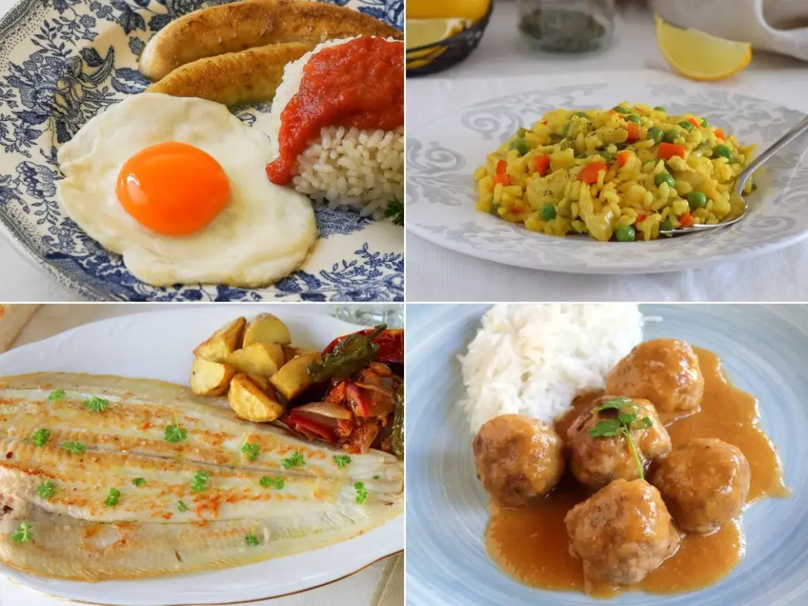 Cuatro platos deliciosos: huevo frito con arroz y plátano, arroz con pollo y verduras, pescado a la plancha con patatas y pimientos, y albóndigas con arroz. ¡Ideas geniales para recetas para niños!