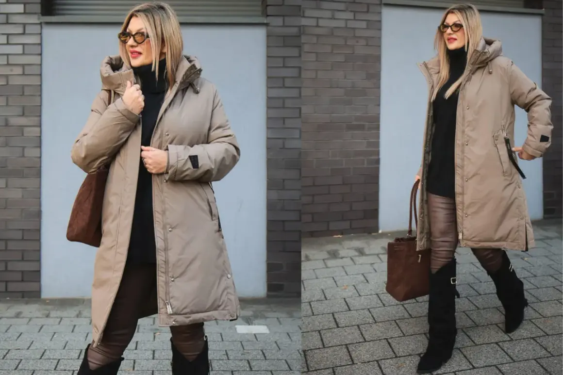 Stylowa kurtka damska zimowa plus size w kolorze beżowym, z kapturem, idealna na chłodne dni.