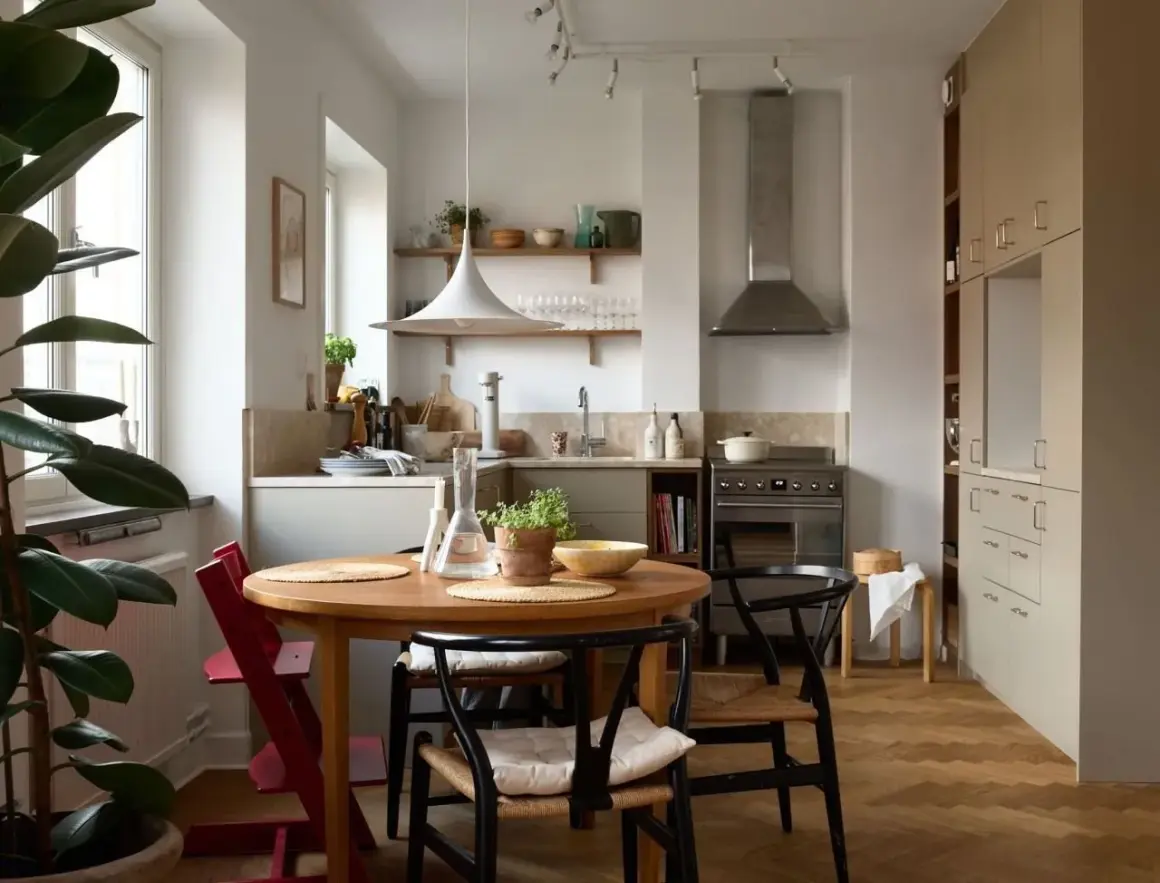 Accogliente cucina stile nordico con tavolo rotondo in legno, sedie in paglia e un grande ficus.