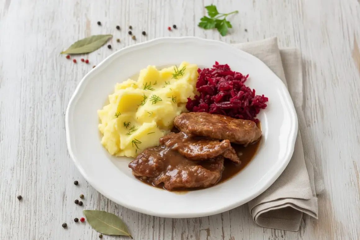 Bitki wieprzowe w sosie własnym z cebulką, podane z purée ziemniaczanym i buraczkami. Pyszny, domowy obiad.