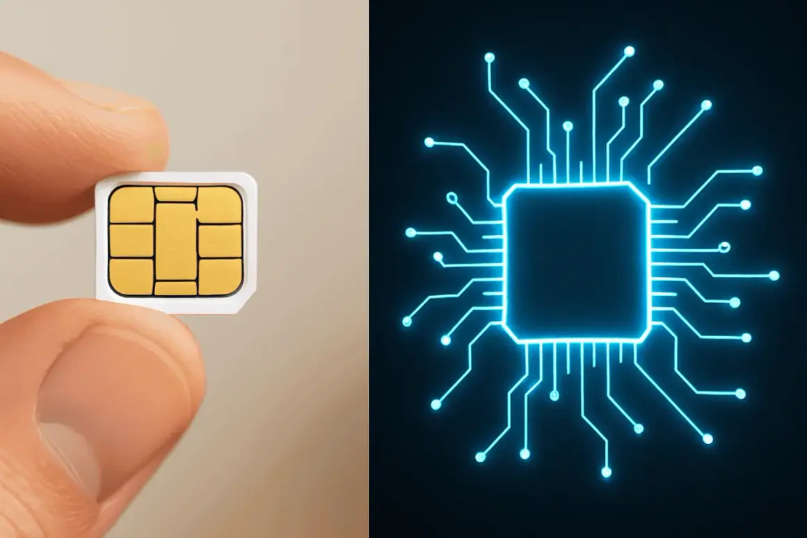 Karta internetowa w dłoni i schemat układu scalonego.