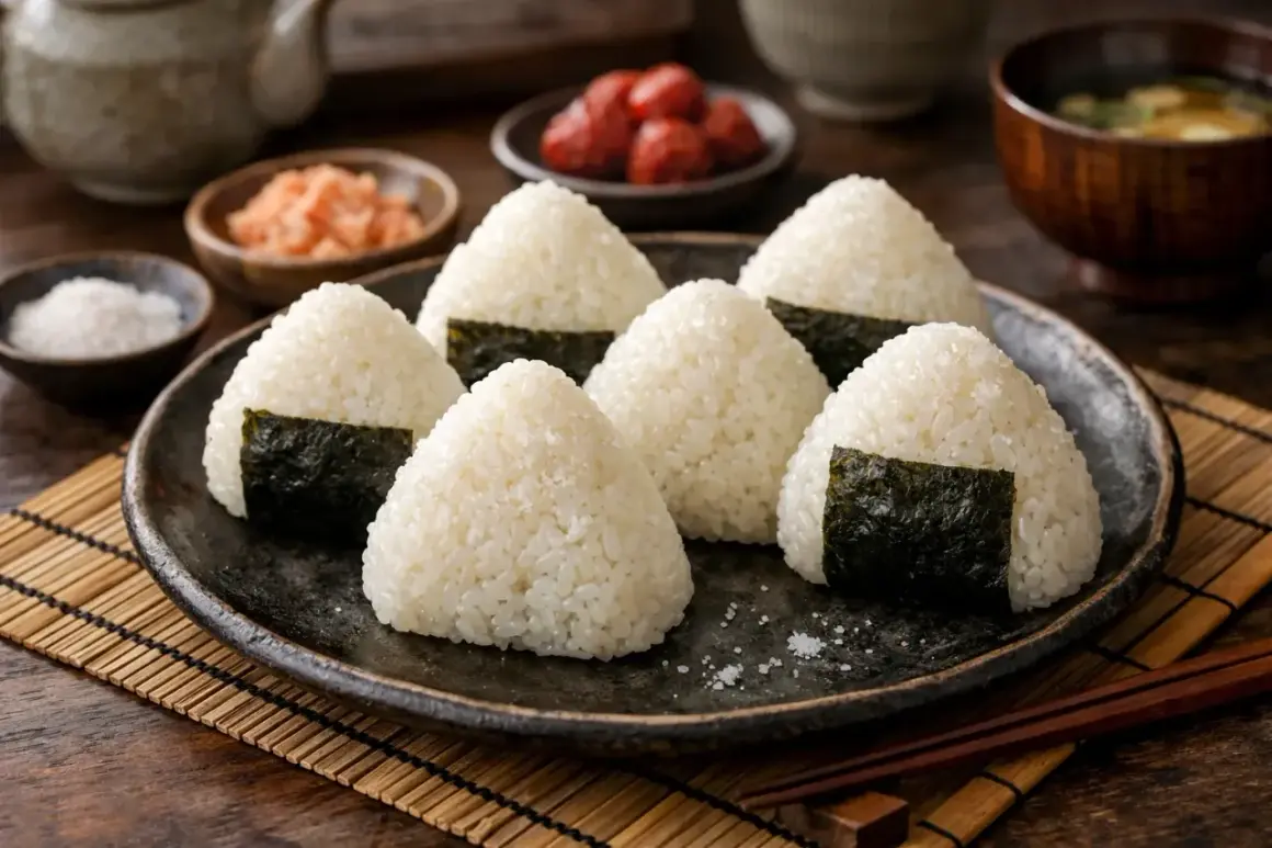 Sju onigiri, risbollar med nori, ligger på en tallrik. Perfekt för en snabb måltid, med tanke på ris koktid.