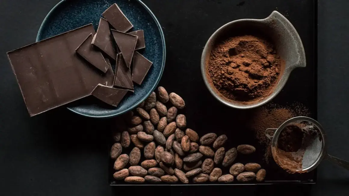 Tableta de chocolate, cacao en grano y polvo de cacao, mostrando diferentes tipos de chocolate.