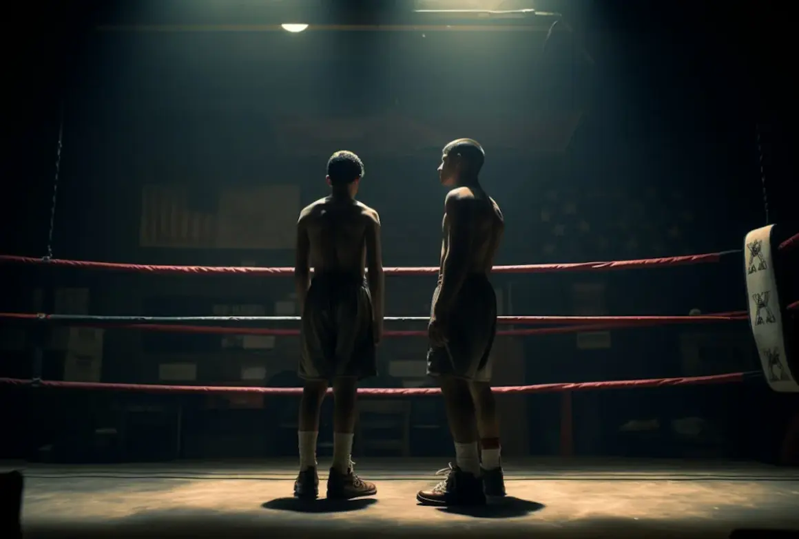 Two young boxers stand in a dimly lit ring, ready for their boxing strength and conditioning training.