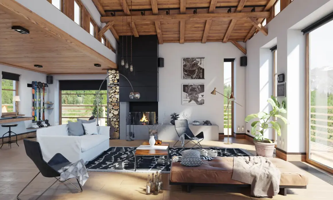 Gemütliches Wohnzimmer mit Kamin, Ledersofa und Skiern – moderne wohn trends im Alpenstil.