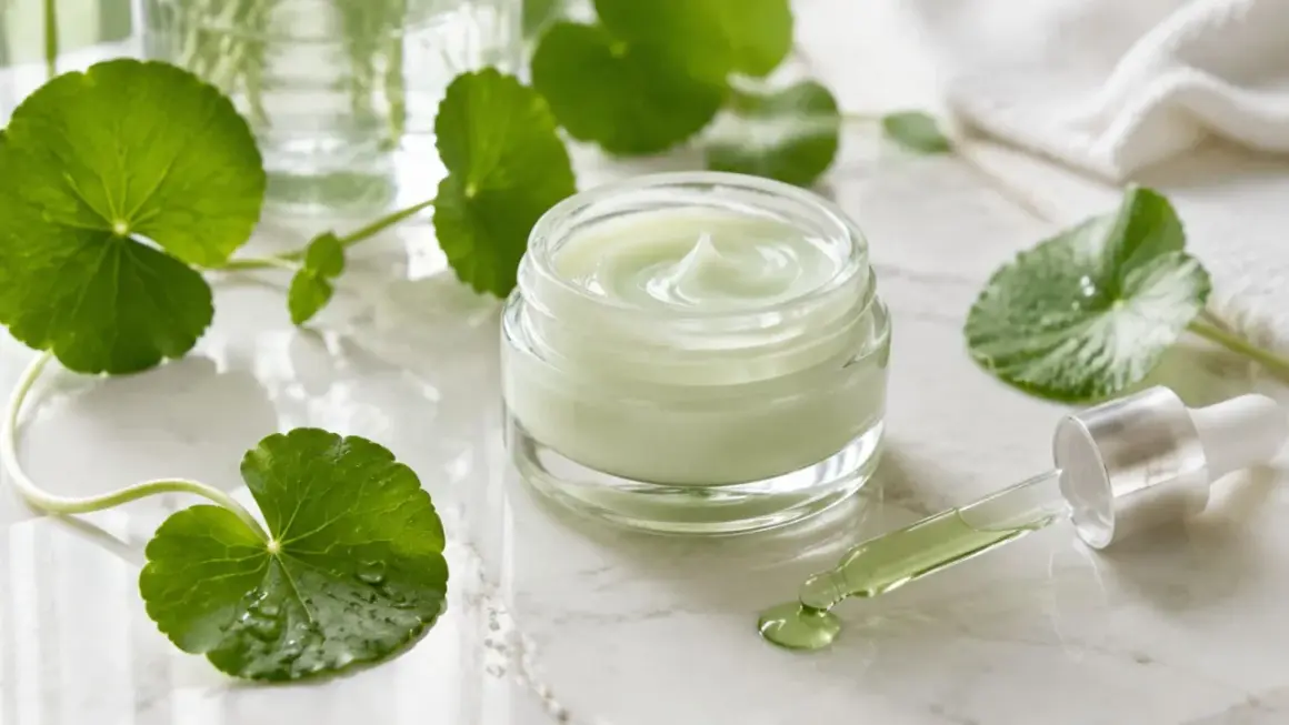 Grüner Tiegel mit Cica-Creme und Pipette, umgeben von frischen Blättern. Cica ist bekannt für seine beruhigenden Eigenschaften.