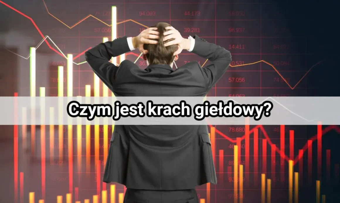 Mężczyzna w garniturze trzyma się za głowę na tle wykresów giełdowych.