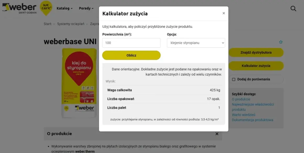 Kalkulator zużycia kleju do styropianu Weber. Oblicza ile wiader tynku na 200m2, podając wagę i liczbę opakowań.