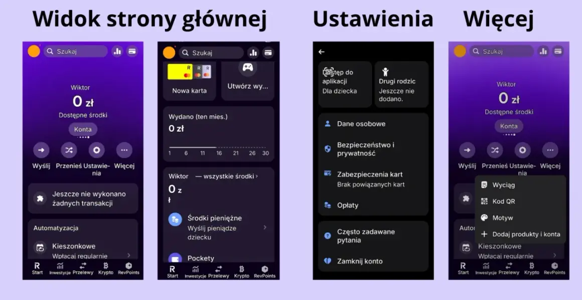 Ekran aplikacji z opcjami dla rodziców i dzieci, w tym zarządzanie kieszonkowym. Revolut kids to funkcja ułatwiająca kontrolę wydatków.