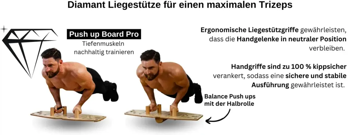 Mann macht Diamant Liegestütze auf einem Balance Board für maximalen Trizeps-Trainingserfolg.