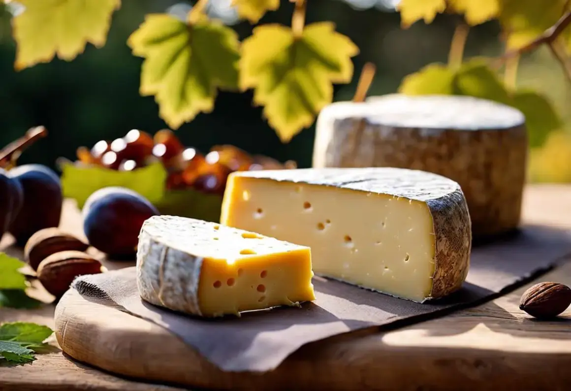 Un délicieux banon fromage, avec des prunes, des noix et des raisins, sous des feuilles d'automne.