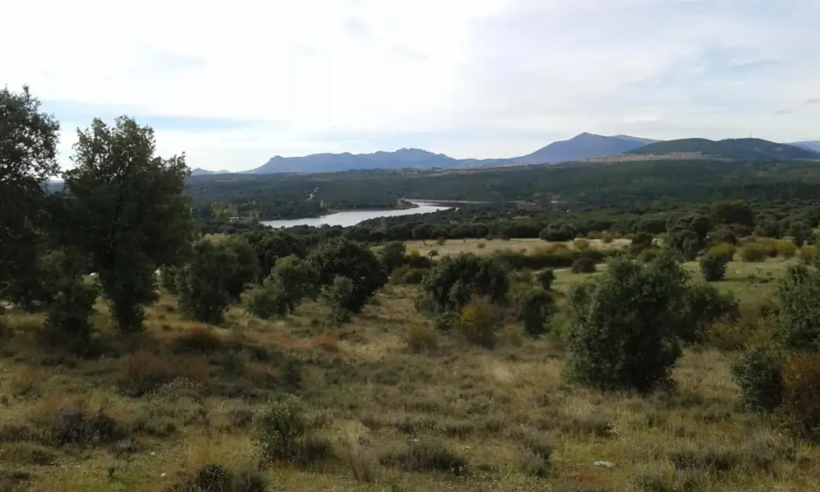 Paisaje con embalse y montañas al fondo, evocando la belleza de las paredes de Buitrago.