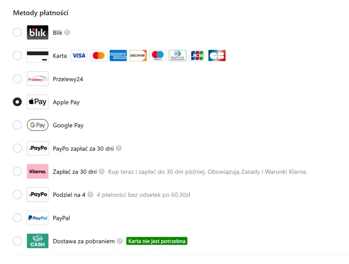 Wybierz metodę płatności: Blik, karta, Apple Pay, Google Pay, PayPo, Klarna, PayPal lub dostawa za pobraniem.