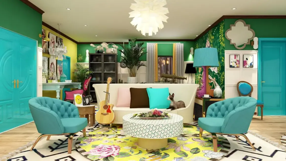 A vibrant, eclectic living room in a friends apartment, featuring teal chairs, a white sofa with colorful pillows, a guitar, and a cat lounging.