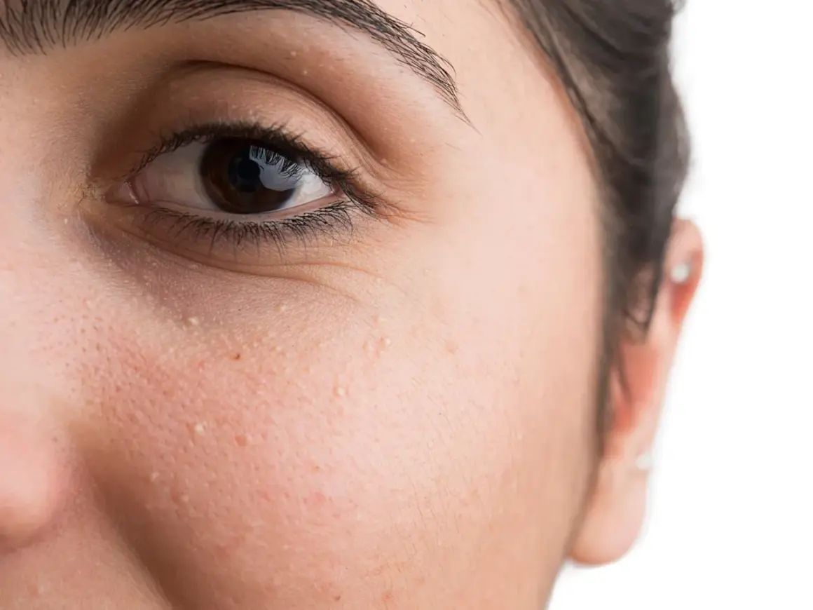 Nahaufnahme des Gesichts einer Frau mit kleinen, weißen Pickelchen, die als grain de milium bekannt sind, unter dem Auge.