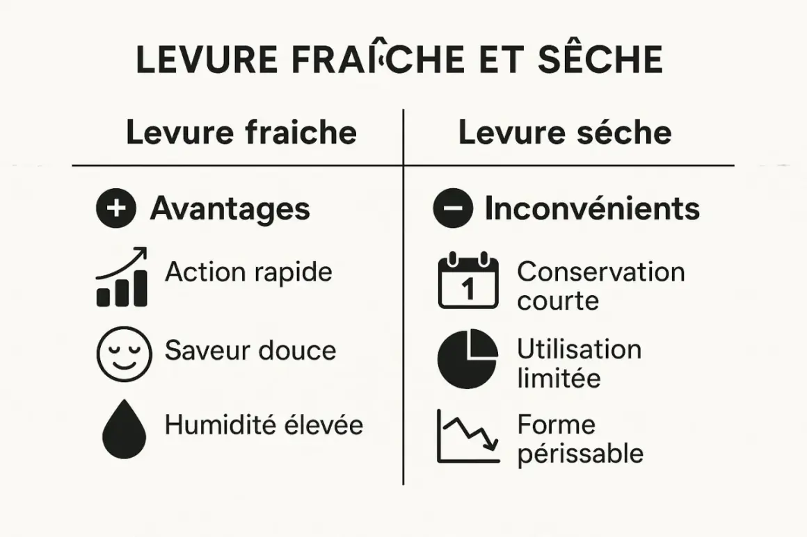 Comparaison levure fraîche et sèche : avantages (action rapide, saveur douce, humidité élevée) et inconvénients (conservation courte, utilisation limitée, forme périssable).