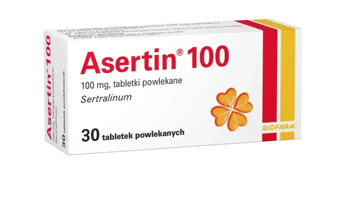 Opakowanie leku Asertin 100 mg, zawierającego sertralinę, stosowanego w leczeniu depresji i innych schorzeń. Zoloft to nazwa handlowa tego typu leku.