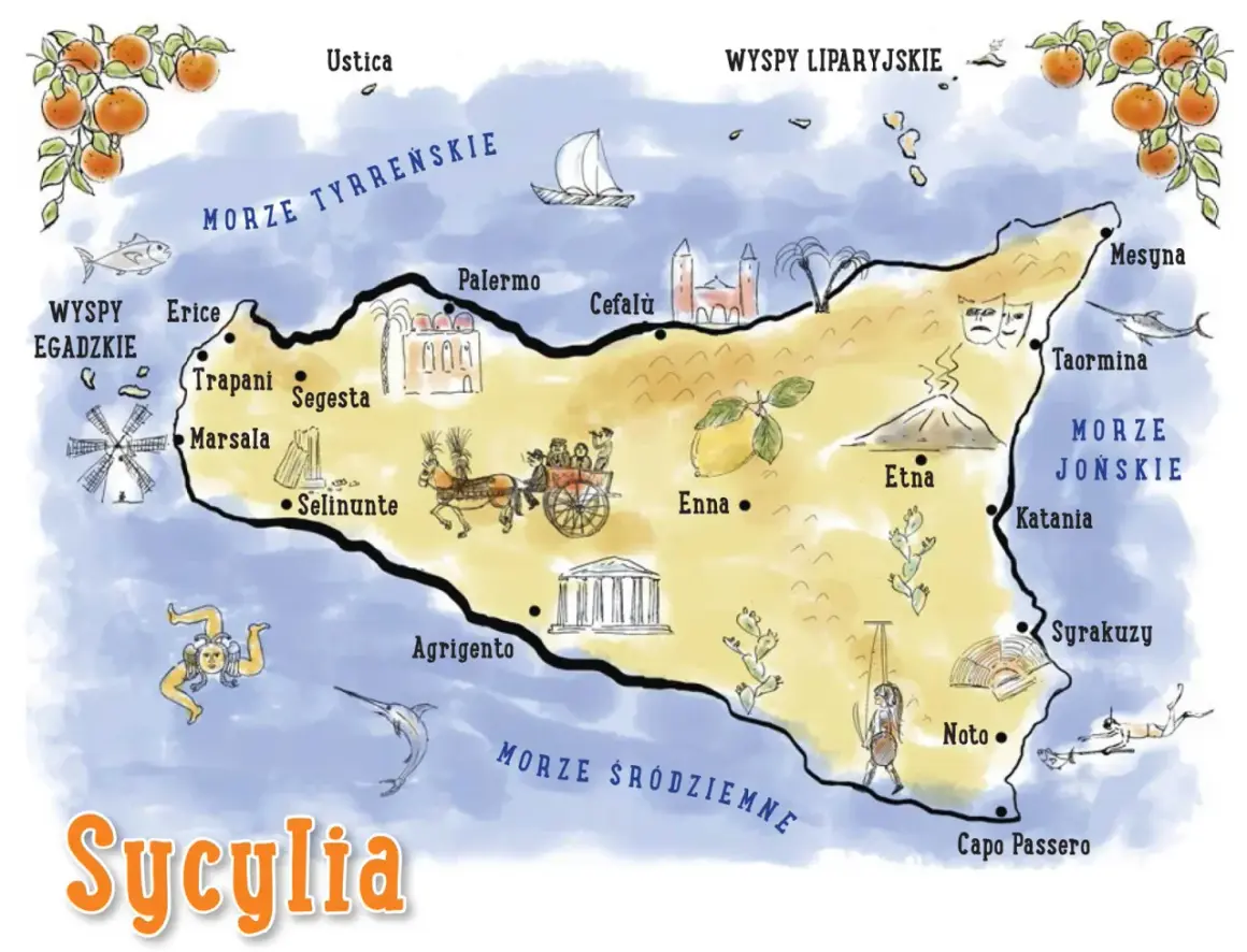 Mapa Sycylii z zaznaczoną Etną, Palermo, Taorminą i innymi atrakcjami. Widać też morza otaczające wyspę.