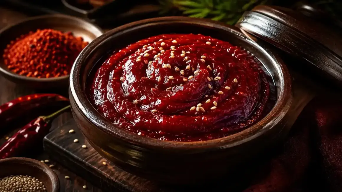En skål med mörk, röd chilipasta, strödd med sesamfrön. Ingredienser för ett ponzu recept syns i bakgrunden.