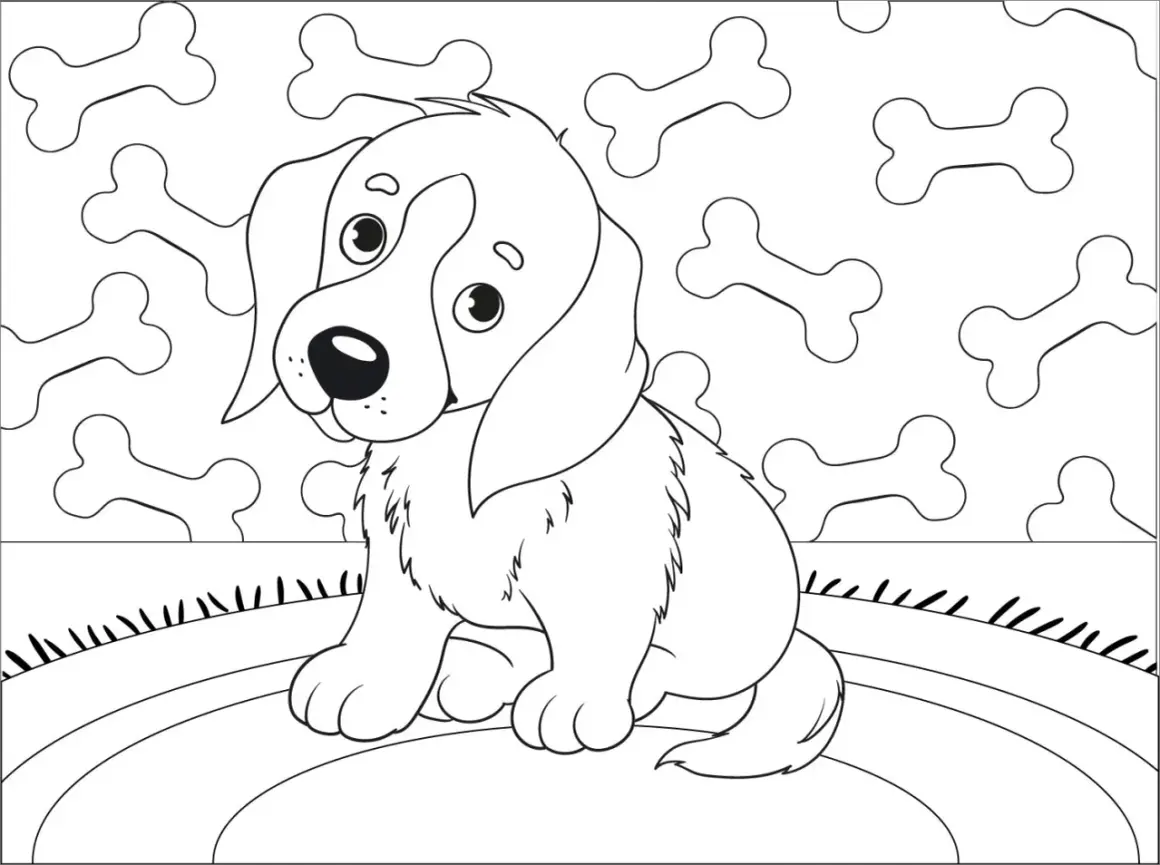 Lindos dibujos de perritos para imprimir, listos para colorear. Un tierno cachorro sentado entre huesos.
