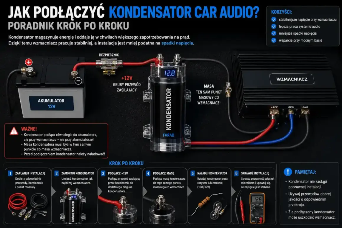 Schemat pokazuje, jak podłączyć dwa wzmacniacze w samochodzie, instalując kondensator car audio. Poradnik krok po kroku wyjaśnia połączenie akumulatora, bezpiecznika, kondensatora i wzmacniacza.