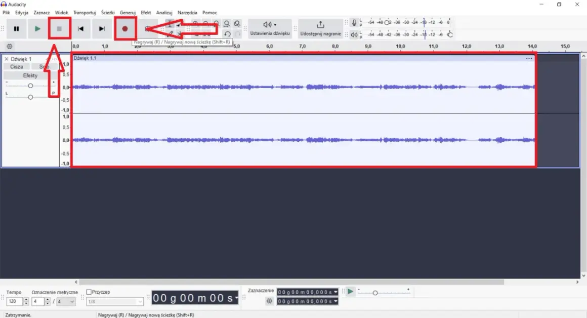 Audacity po polsku: przyciski nagrywania, pauzy i stopu, dwie ścieżki dźwiękowe z falami.