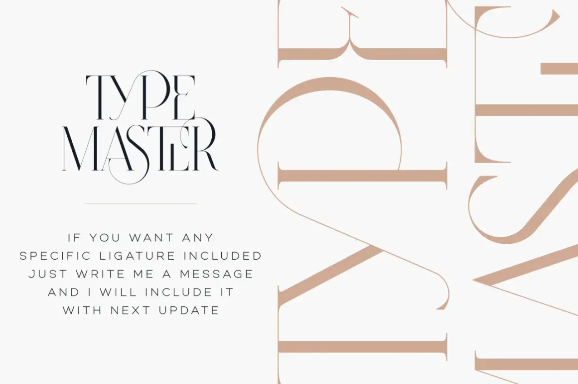 Elegant typography showcasing "TYPE MASTER" with custom ligatures in Illustrator. Text invites users to request specific ligatures for future updates.