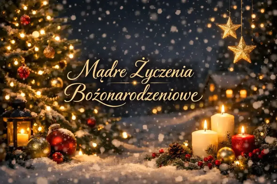 Śnieżna noc, choinka, świece i gwiazdy tworzą magiczną atmosferę. Tekst "Mądre życzenia bożonarodzeniowe" zaprasza do refleksji.