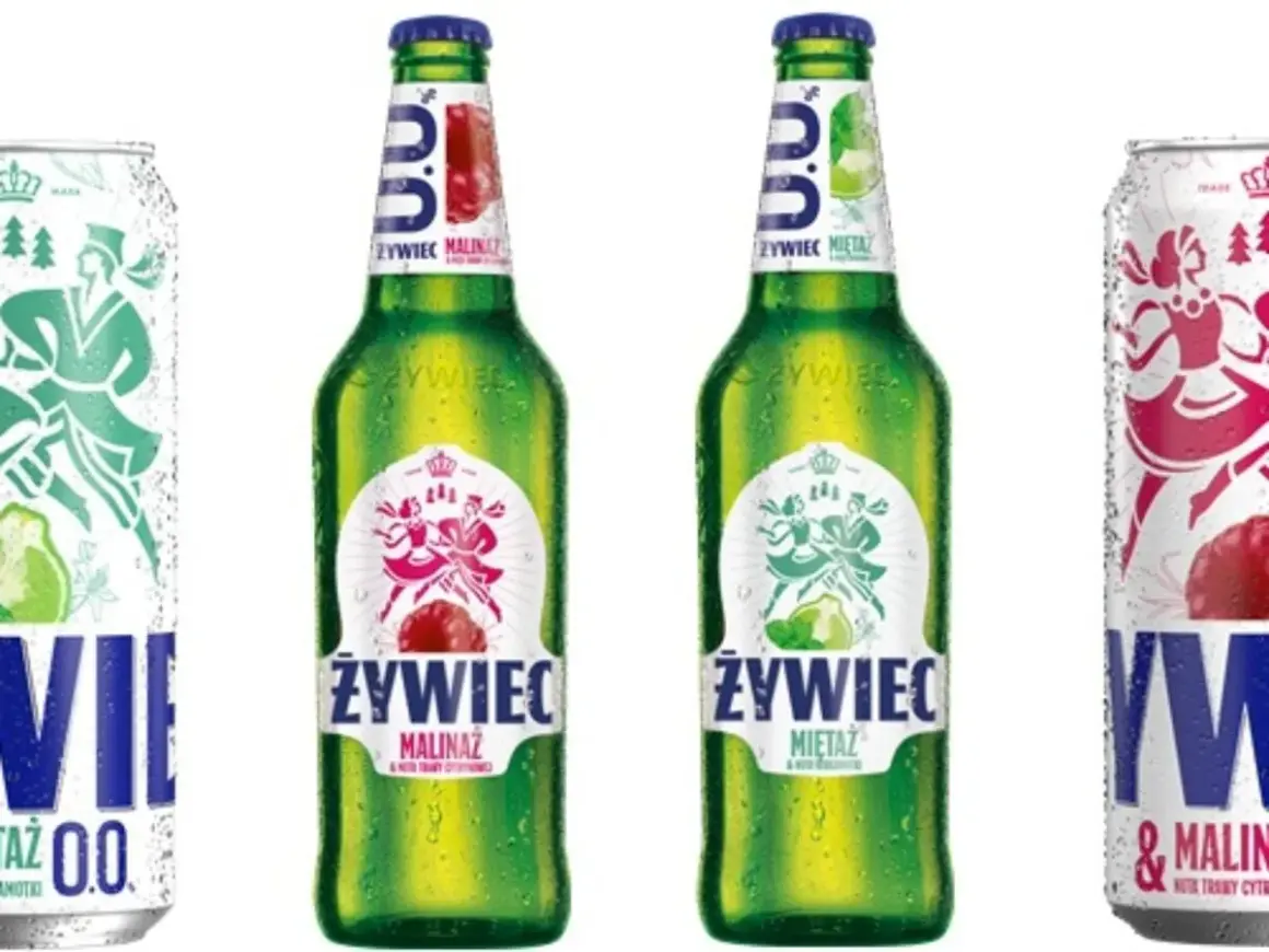 Dwie butelki Żywca Malina i Mięta, obok puszek Żywca 0.0. Skład piwa Żywiec jest tu widoczny na etykietach.