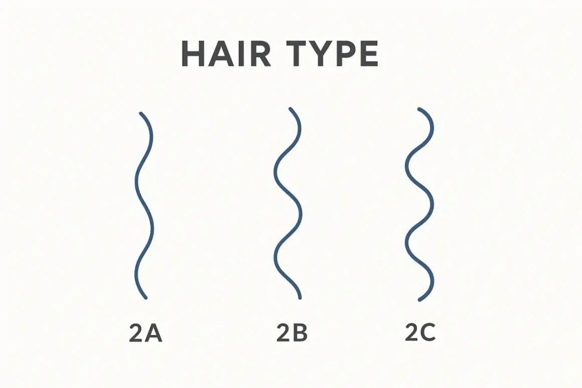 Tres tipos de pelo ondulado: 2A, 2B y 2C, mostrando la diferencia en la forma de las ondas.