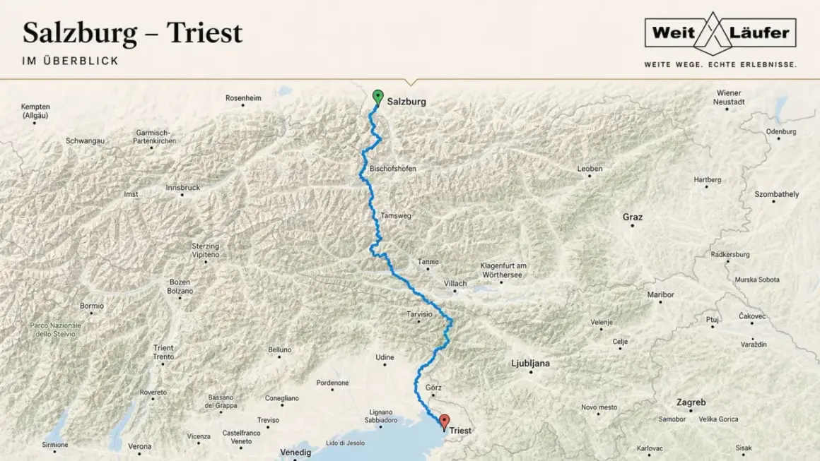 Karte zeigt die Route von Salzburg nach Triest, ideal für fernwanderwege in Frankreich.