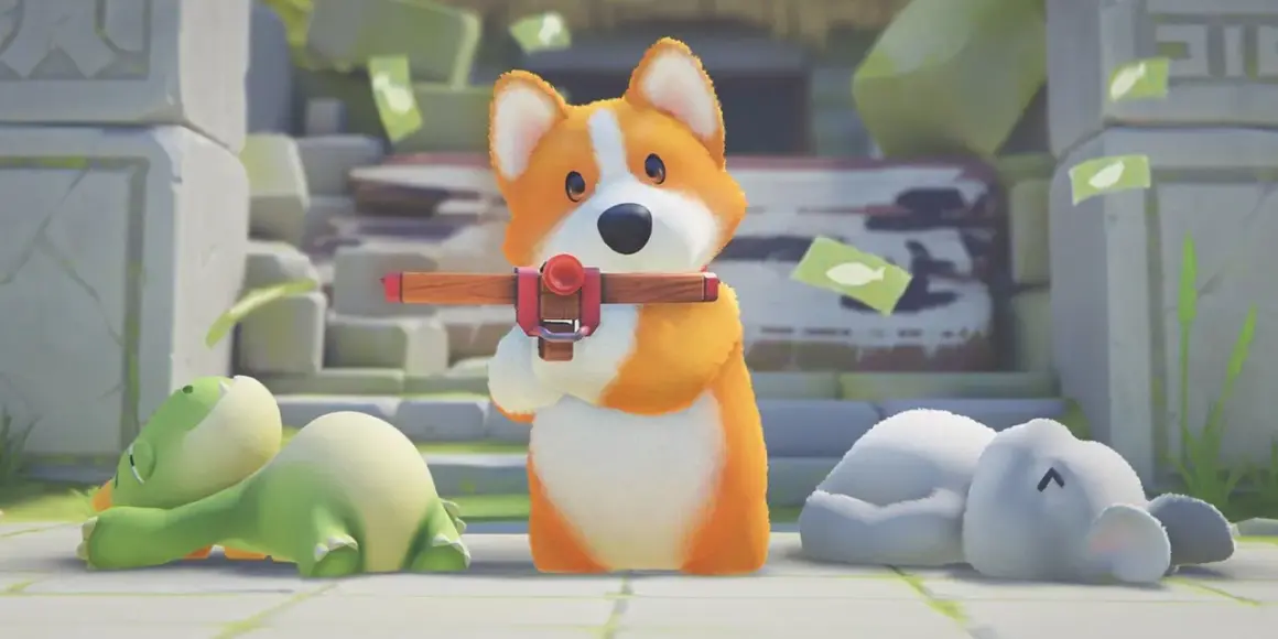 Corgi z kuszą, obok śpiący zielony dinozaur i biały słoń. Jakim zwierzęciem jesteś?