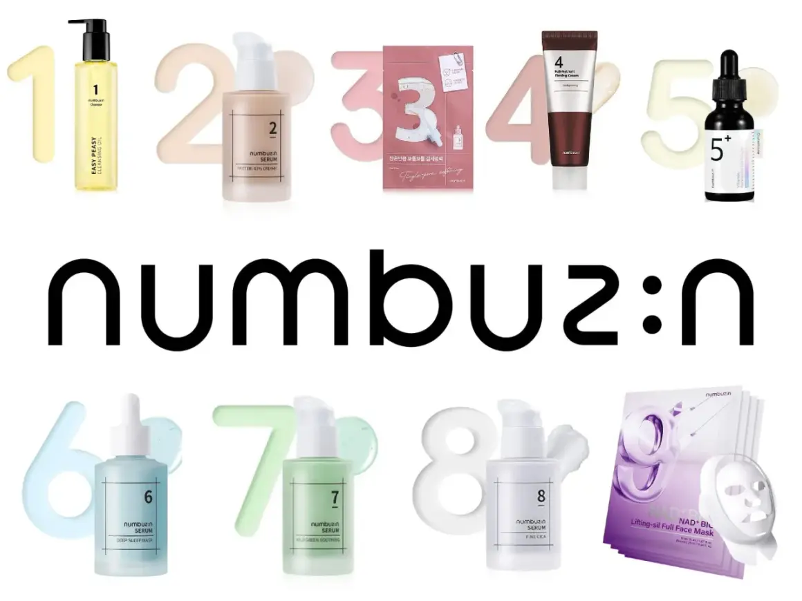 Kolekcja produktów numbuzin: olejek do demakijażu, kremowe serum, maska do twarzy, krem ujędrniający, serum z witaminą, serum do snu, serum łagodzące i maska liftingująca.