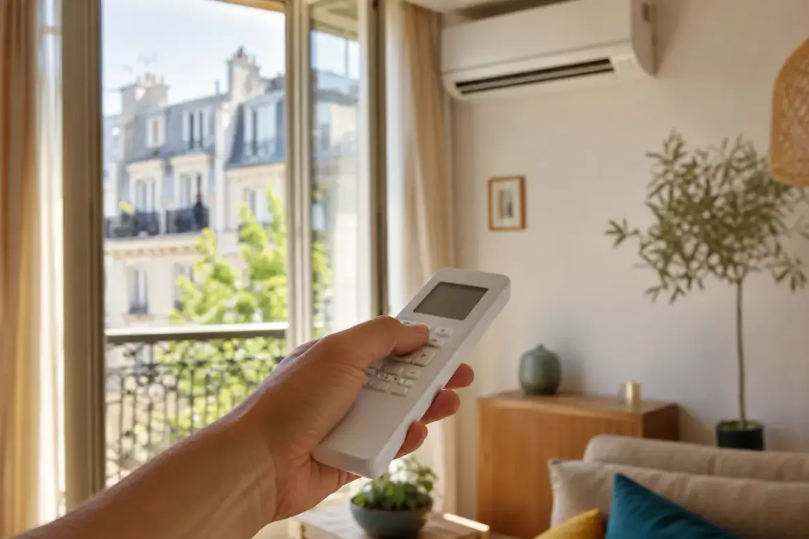 Main tenant utilise la télécommande pour activer le mode froid du climatiseur, profitant d'une brise fraîche dans son appartement parisien.
