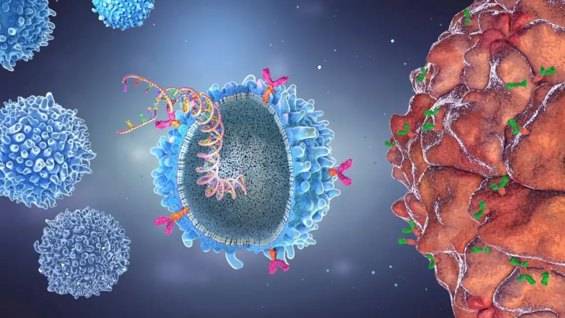 Immuntherapie in der Onkologie: T-Zelle greift Krebszelle an. Blaue T-Zellen umgeben eine Krebszelle, die von grünen Antikörpern markiert ist.