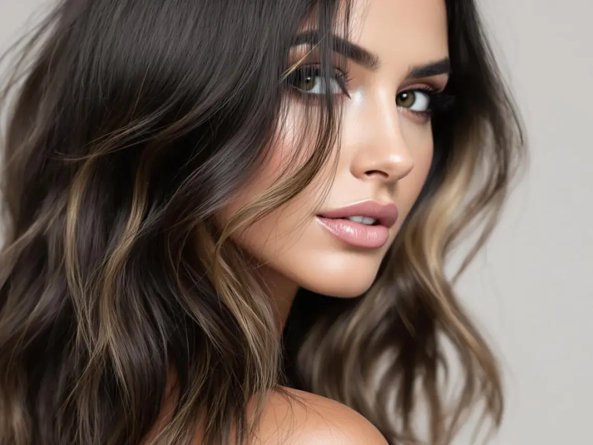 Magnifique femme aux cheveux noirs avec un balayage subtil, mettant en valeur des mèches blondes et châtain.