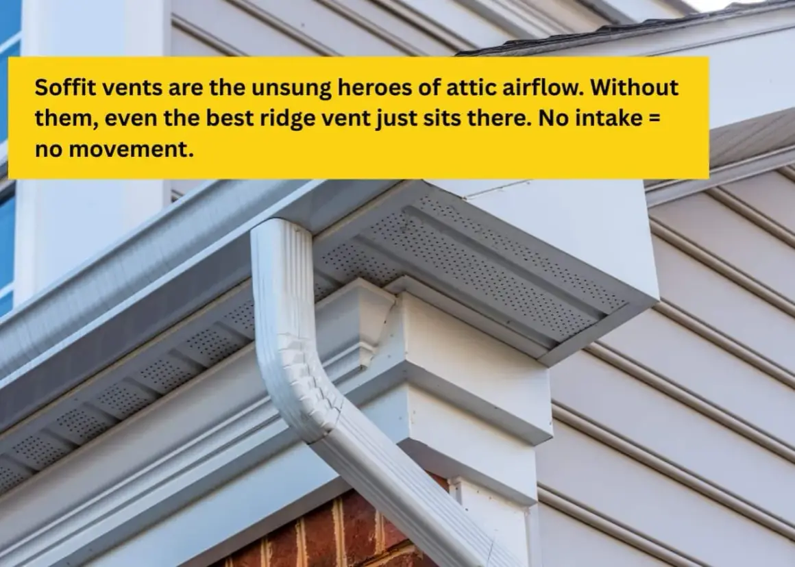 Close-up of soffit vents, a crucial part of roof venting systems, allowing attic airflow.