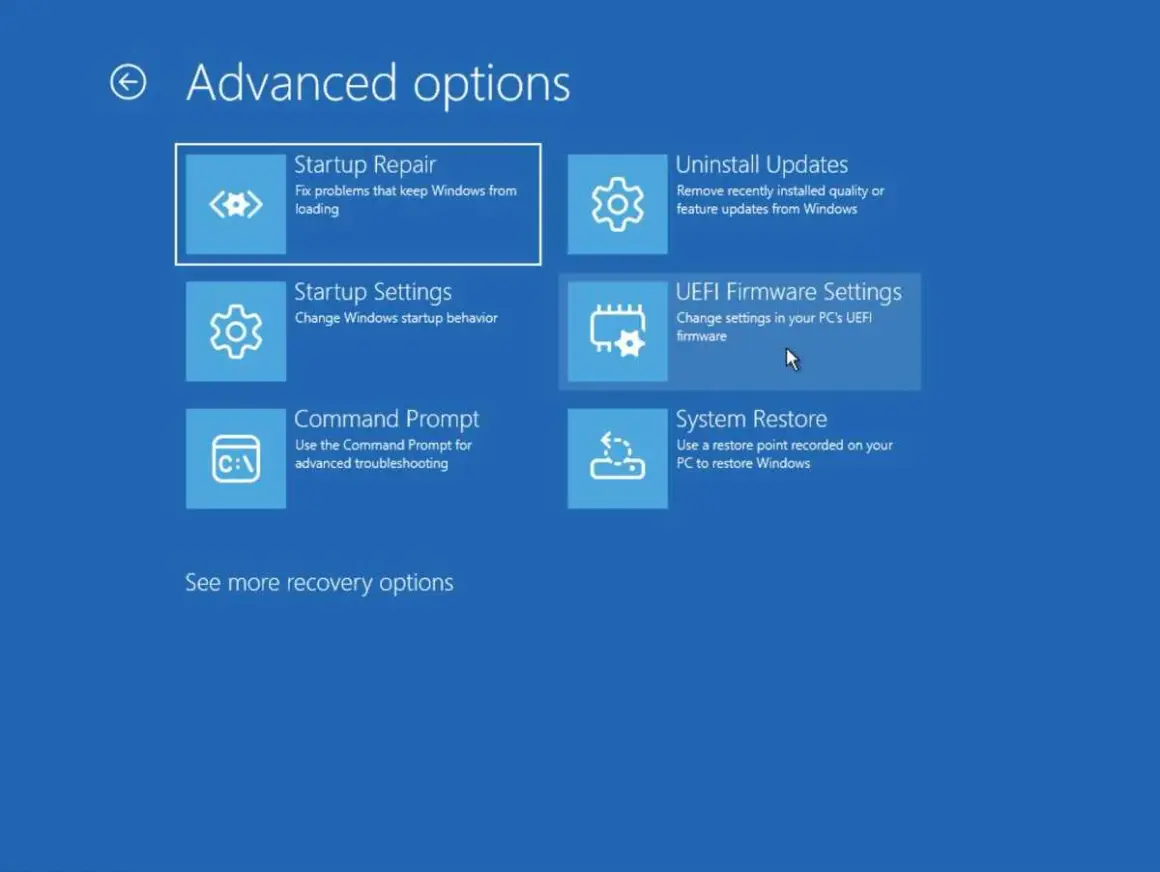 Avancerade alternativ för felsökning, inklusive UEFI Firmware Settings för att ändra inställningar i din UEFI BIOS.
